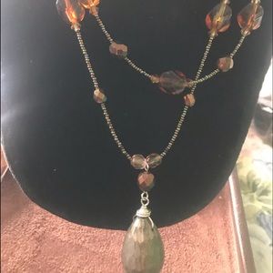 Pewter Teardrop & Amber Crystal Beads Necklace